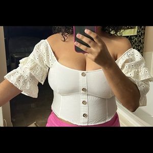 Zara off the shoulder white/creme Bardot top with faux buttons & ruffle sleeves